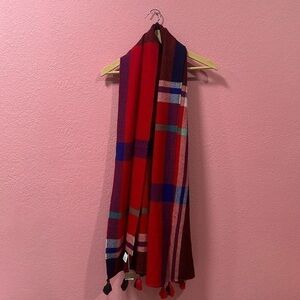 J CREW Oversized Wool Blend Red Plaid Scarf With Tassels